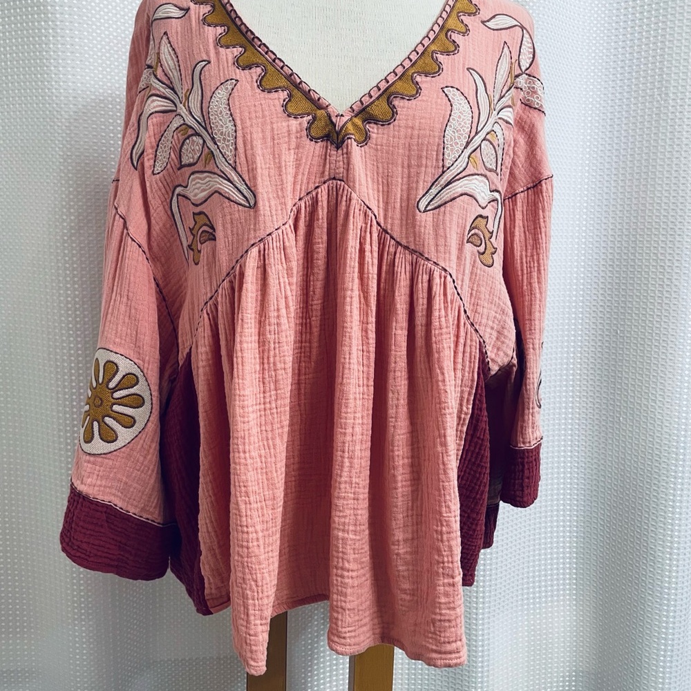 Easel Babydoll Top Gauzy Bohemian Pink Embroidered Women's L